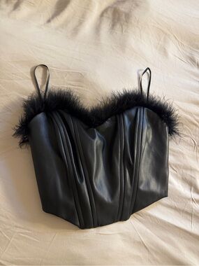 Black Faux Leather Feather-Trim Corset Crop Top